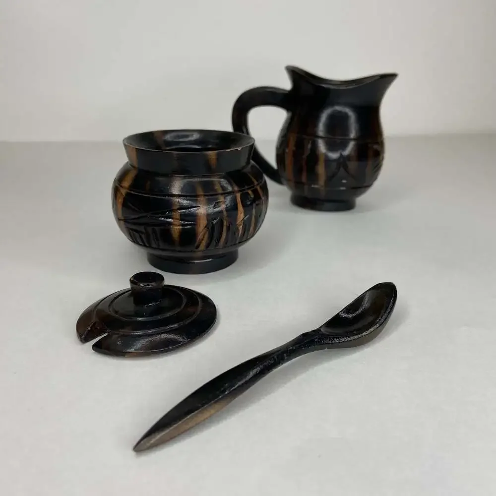 Vintage Wooden Handcarved Cream & Sugar Dishes